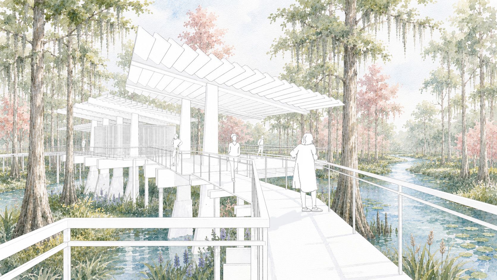 Exterior render of Caesura, a visitor's center along the South Edisto River