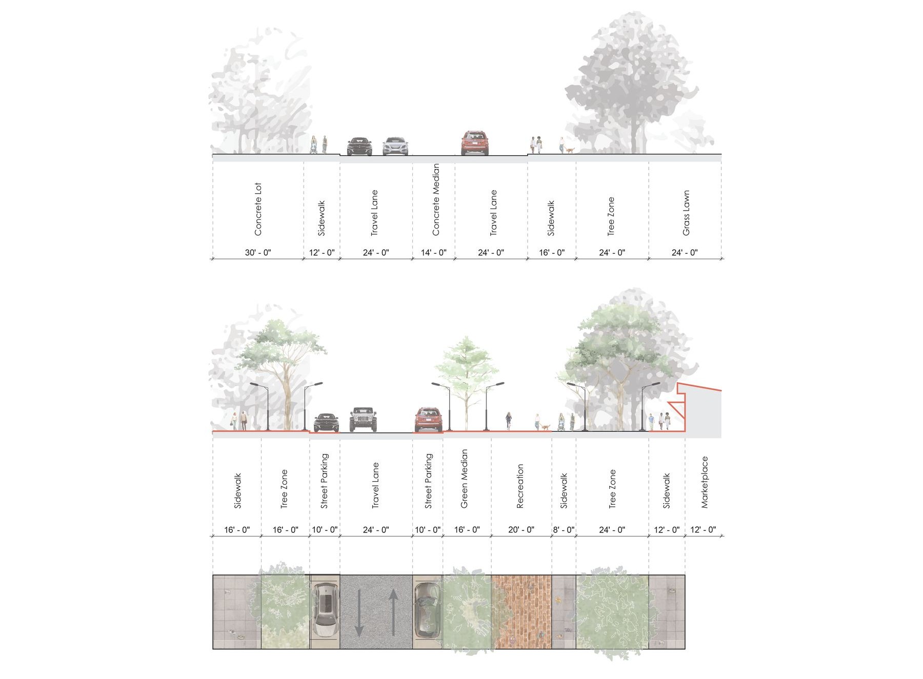 Street section — marketplace corridor, existing and proposed