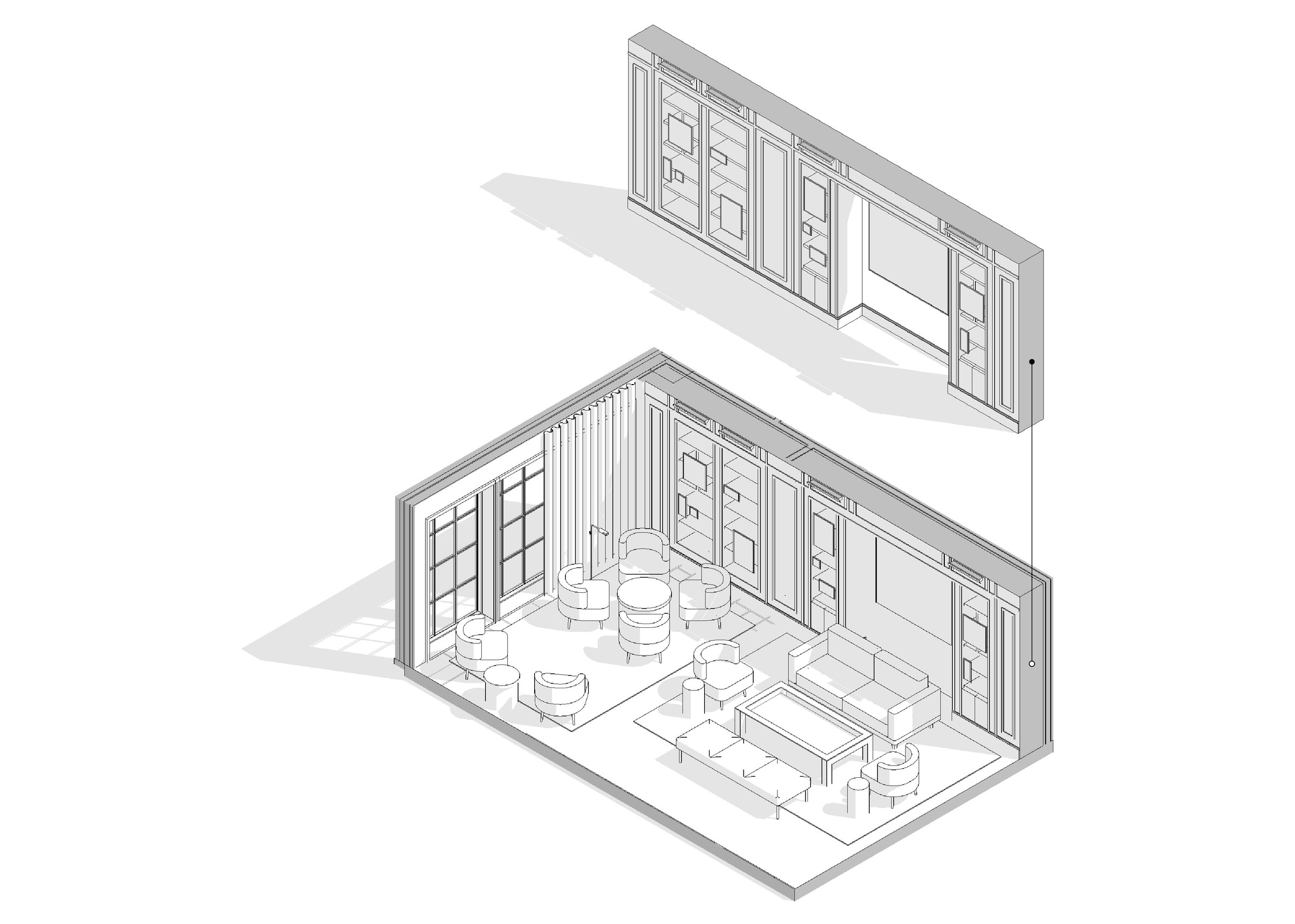 Library axonometric with the custom millwork wall unit called out
