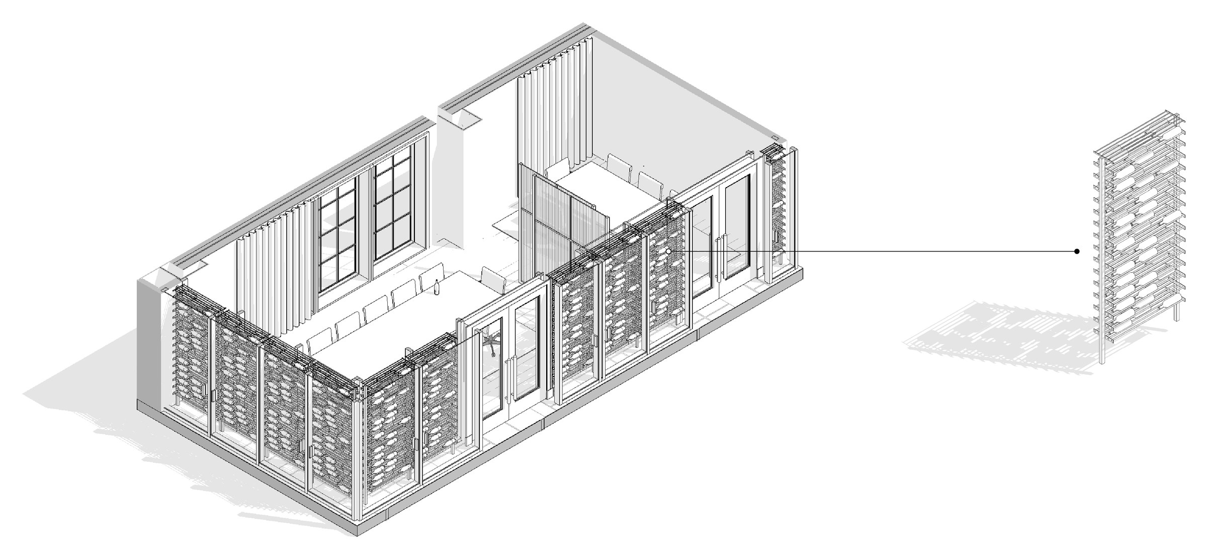 Private dining room axonometric with the wine storage wall called out